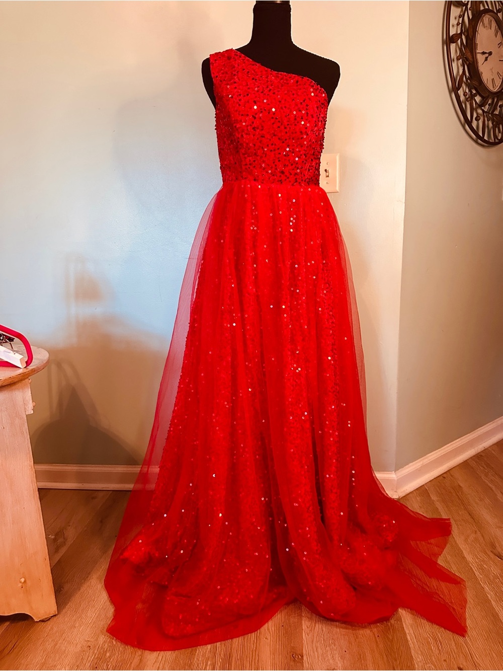 Red Sequin One-Shoulder Tulle Party Dress - Womens size 2
